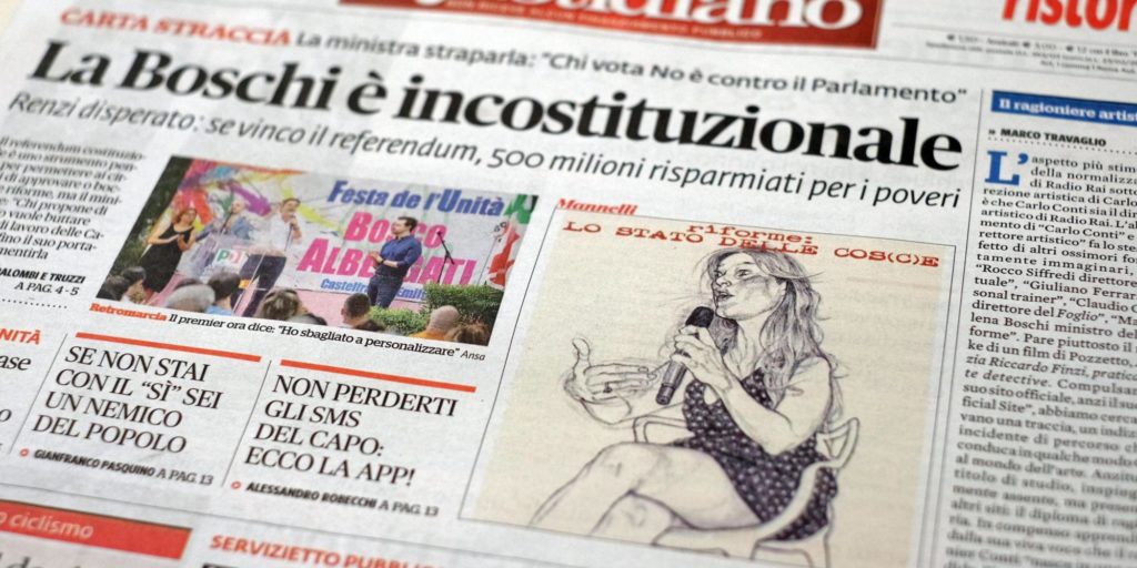 Una vignetta pubblicata in prima pagina sul Fatto Quotidiano che ritrae la Ministra Maria Elena Boschi, Roma, 10 agosto 2016. ANSA/ALESSANDRO DI MEO