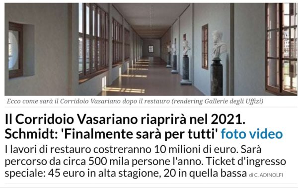 Riapre il Corridoio Vasariano a Firenze, ma non "per tutti": costerà 45 euro