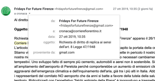 Fridays For Future Firenze offesi dal Corriere Fiorentino che, infine, ignora la replica